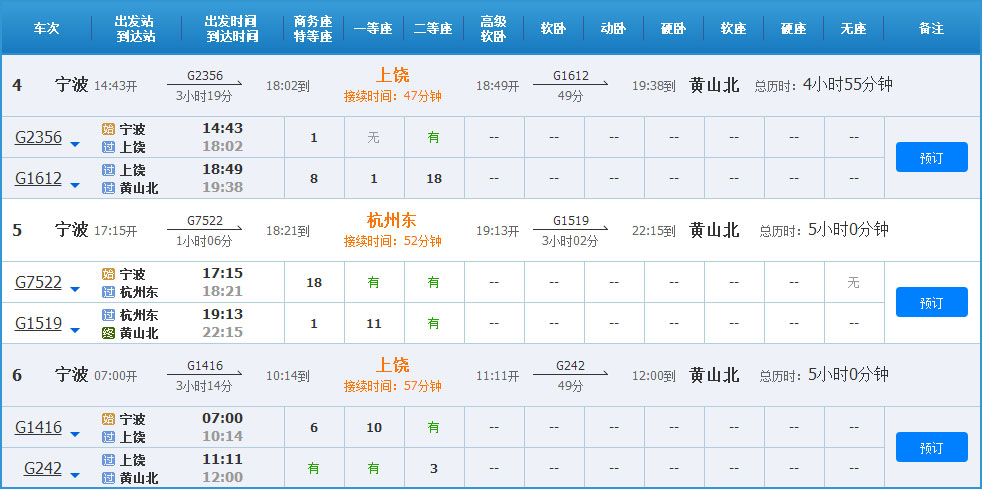 宁波到黄山高铁列车时刻表