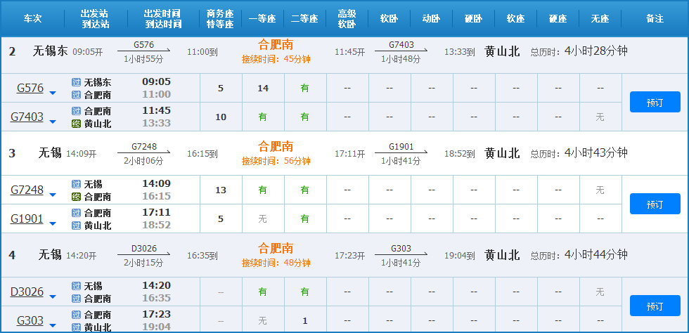 无锡到黄山高铁列车时刻表