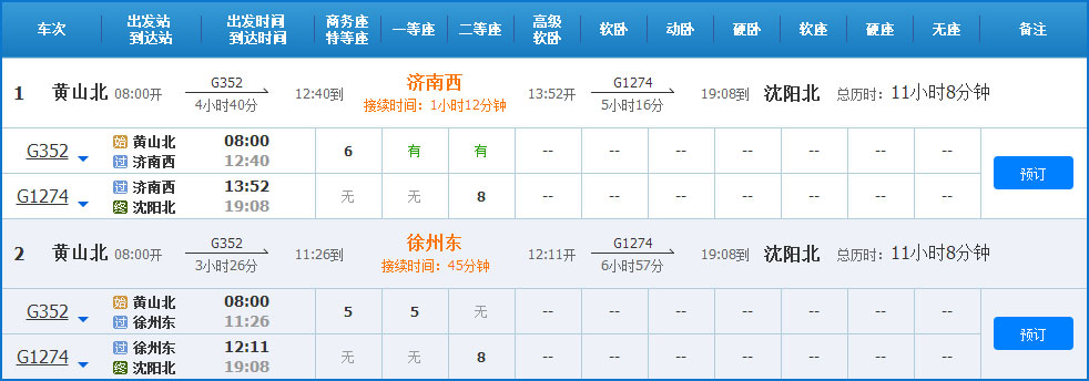 黄山到沈阳高铁列车时刻表