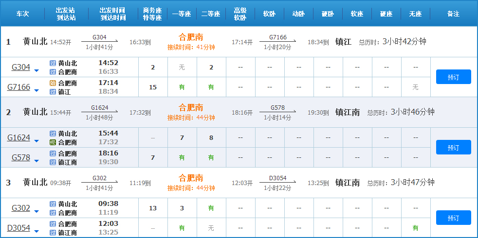 黄山到镇江高铁列车时刻表