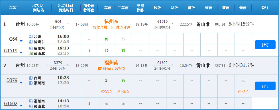 台州到黄山高铁列车时刻表