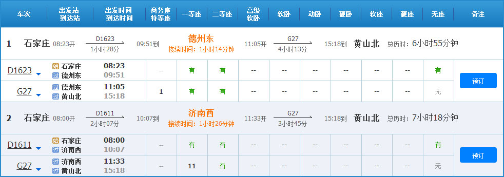 石家庄到黄山高铁列车时刻表