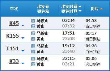 马鞍山到黄山列车时刻表