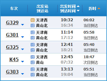 天津到黄山高铁列车时刻表