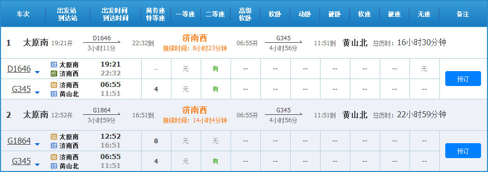 太原到黄山高铁列车时刻表