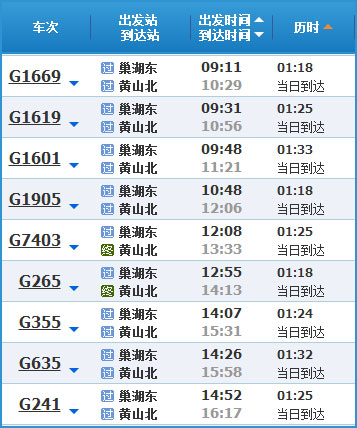 巢湖到黄山高铁列车时刻表
