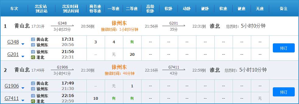 黄山到淮北高铁列车时刻表