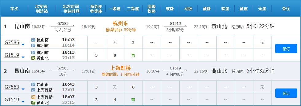 昆山到黄山高铁列车时刻表