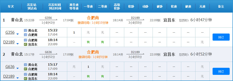 黄山到宜昌高铁列车时刻表