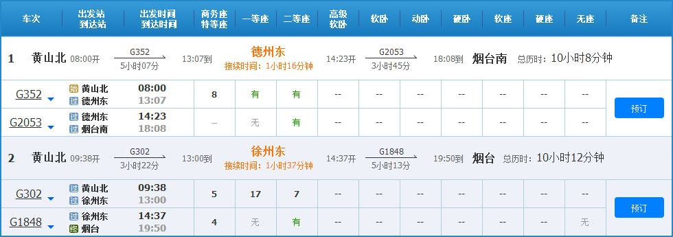 黄山到烟台高铁、列车时刻表