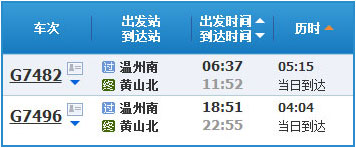 温州到黄山高铁列车时刻表