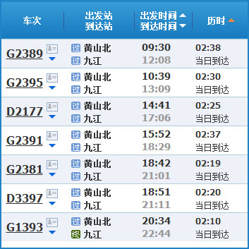黄山到九江高铁列车时刻表