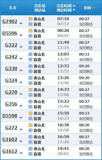 黄山到旌德高铁列车时刻表