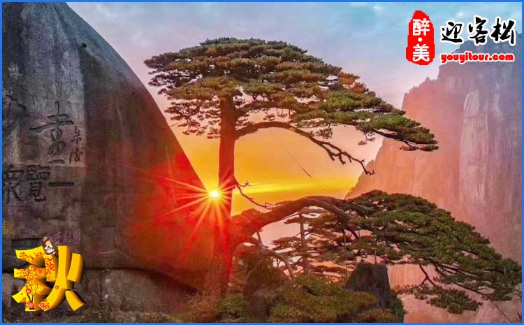 2020年秋季黄山迎客松日出摄影图